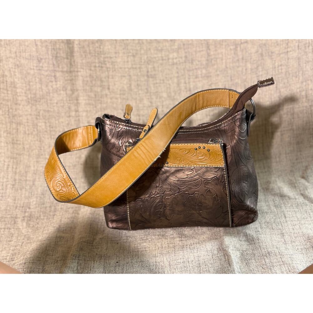 Tony Lama Brown Embossed Floral Crossbody Bag Western Tooled Shoulder Purse - Picture 6 of 14